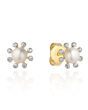 Gold earrings with pearl and zircon flower