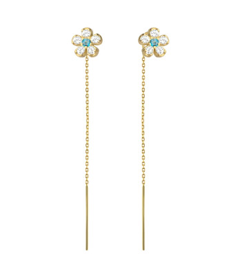 Gold threader earrings with blue zircon flowers