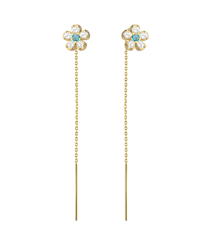 Gold threader earrings with blue zircon flowers