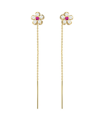 Gold threader earrings with fuchsia-colored cubic zirconia flowers
