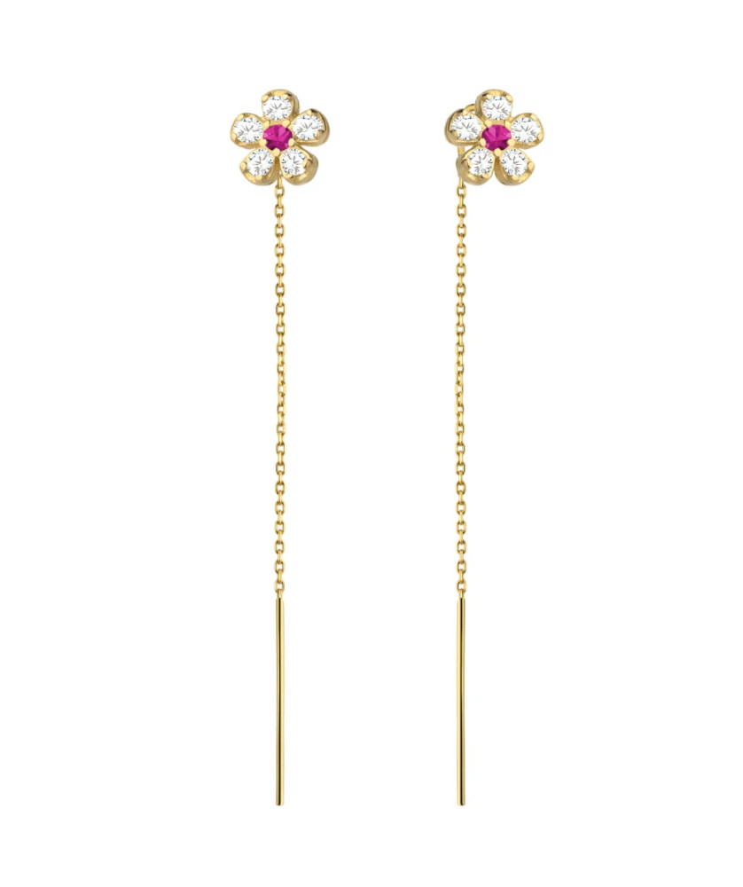 Gold threader earrings with fuchsia-colored cubic zirconia flowers
