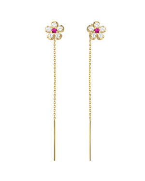 Gold threader earrings with fuchsia-colored cubic zirconia flowers