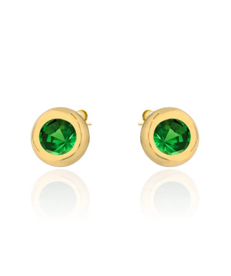 Gold earrings with a green stone surrounded by gold