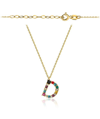 Gold necklace letter D with colorful stones