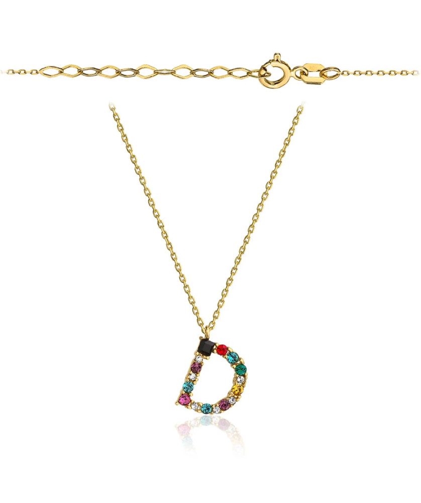 Gold necklace letter D with colorful stones