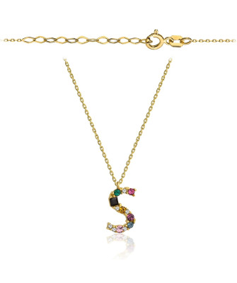 Gold necklace letter S with colorful stones