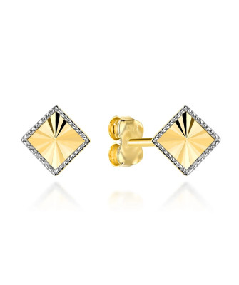 Gold earrings diamond-shaped rhombus in two colors of gold