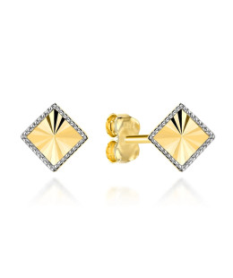 Gold earrings diamond-shaped rhombus in two colors of gold