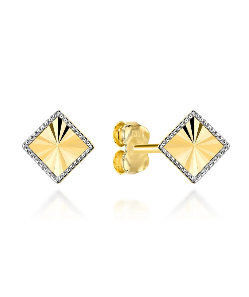 Gold earrings diamond-shaped rhombus in two colors of gold