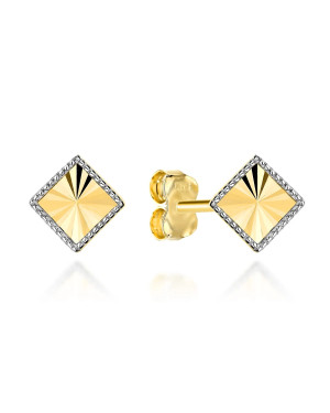 Gold earrings diamond-shaped rhombus in two colors of gold