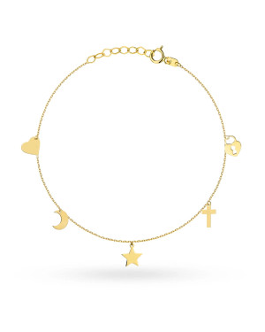 Gold bracelet with cross, star, moon, heart, and padlock