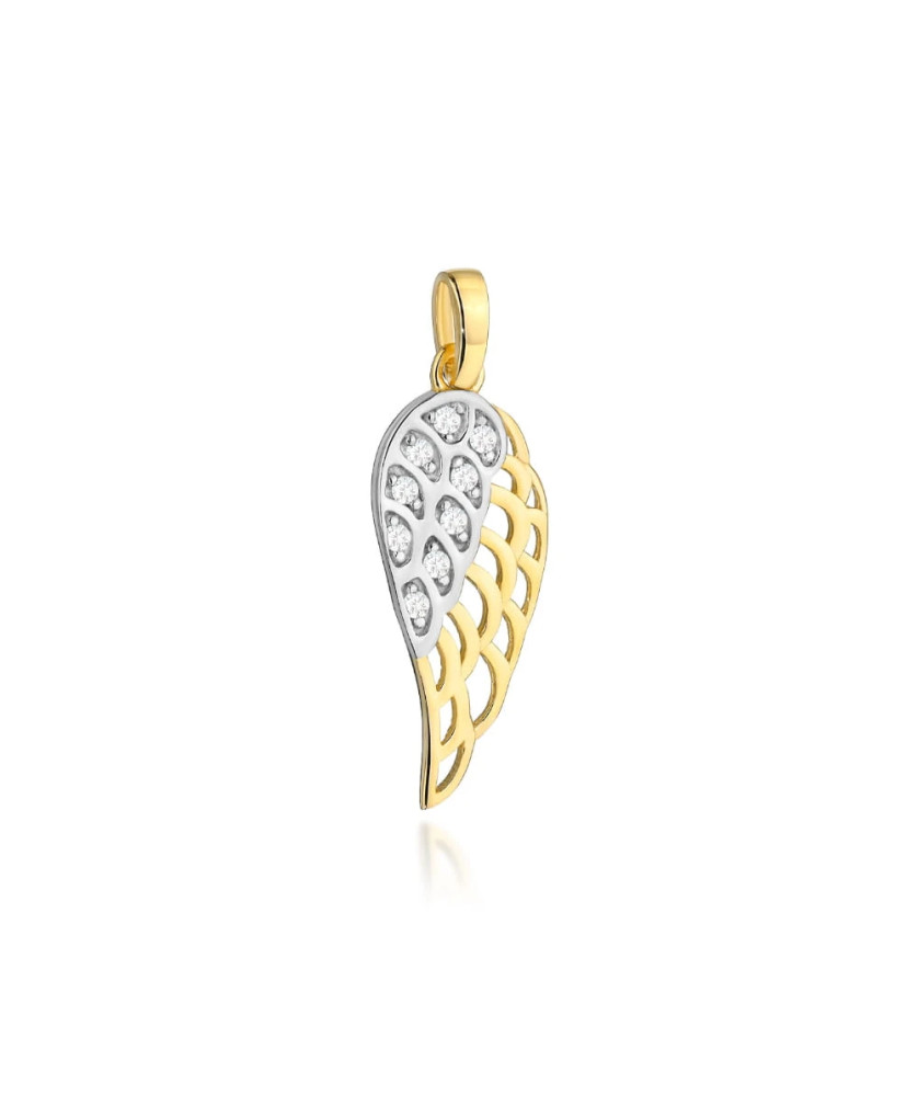 Gold pendant wing in two colors of gold with zircons