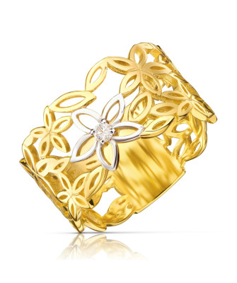 14k Gold Openwork Ring with Floral Design and Zirconia