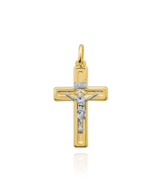 Golden cross shining with crucified Jesus in white gold