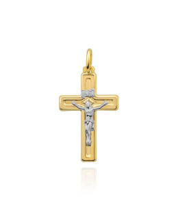 Golden cross shining with crucified Jesus in white gold