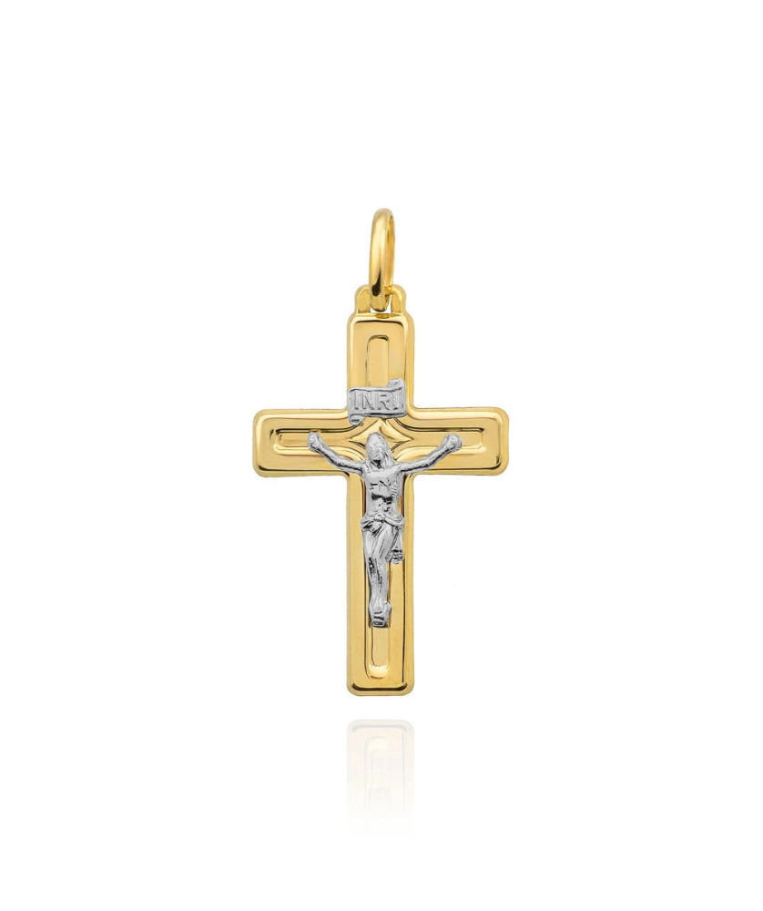Golden cross shining with crucified Jesus in white gold