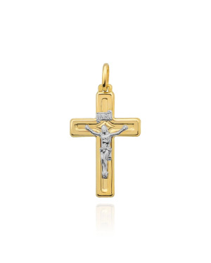 Golden cross shining with crucified Jesus in white gold