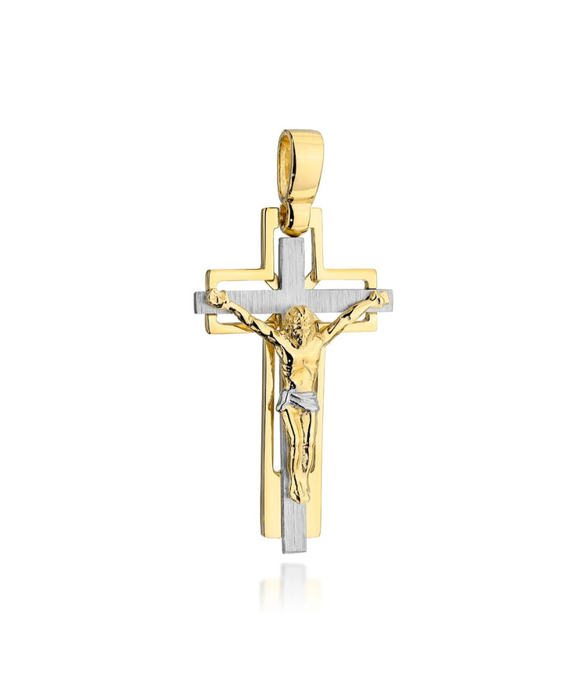 Golden cross with Jesus and satin finish in white gold