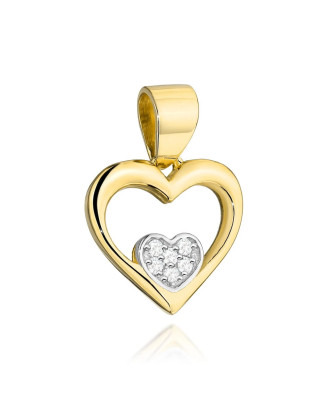 Gold pendant heart and small heart with zircons in white gold