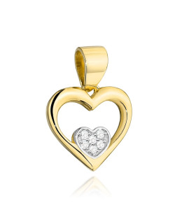 Gold pendant heart and small heart with zircons in white gold