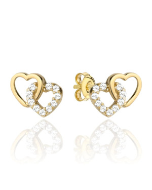 Gold earrings intertwined hearts with zirconia and golden paws