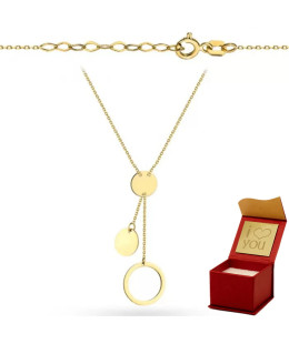 Gold necklace with full circles and a lariat ring