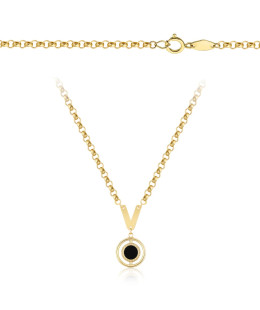 Gold necklace with a black stone and the letter V