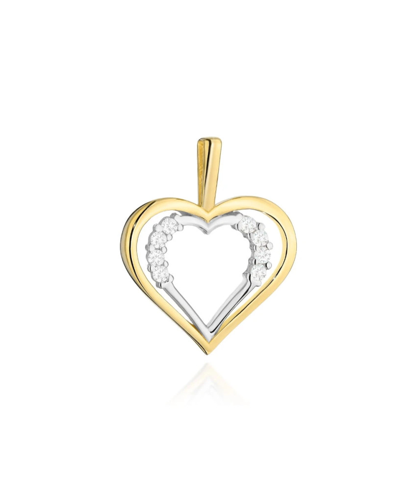 Gold pendant with two hearts and cubic zirconia in two colors of gold