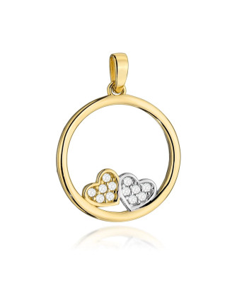 Gold pendant ring with two hearts and zircons