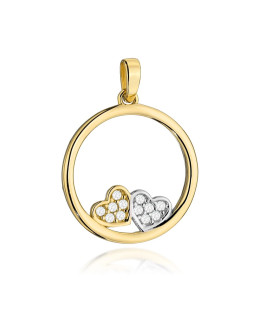 Gold pendant ring with two hearts and zircons