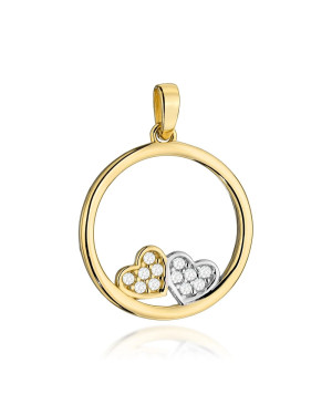 Gold pendant ring with two hearts and zircons