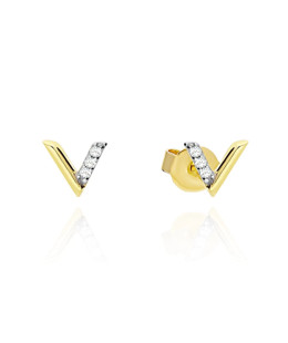 Gold earrings letter v with zircons