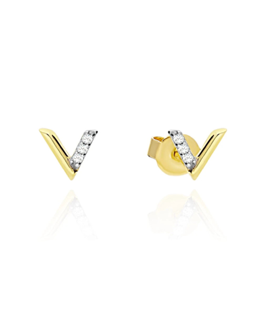 Gold earrings letter v with zircons