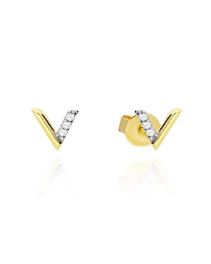 Gold earrings letter v with zircons