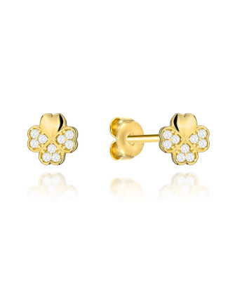 Gold clover earrings with zirconia on a post