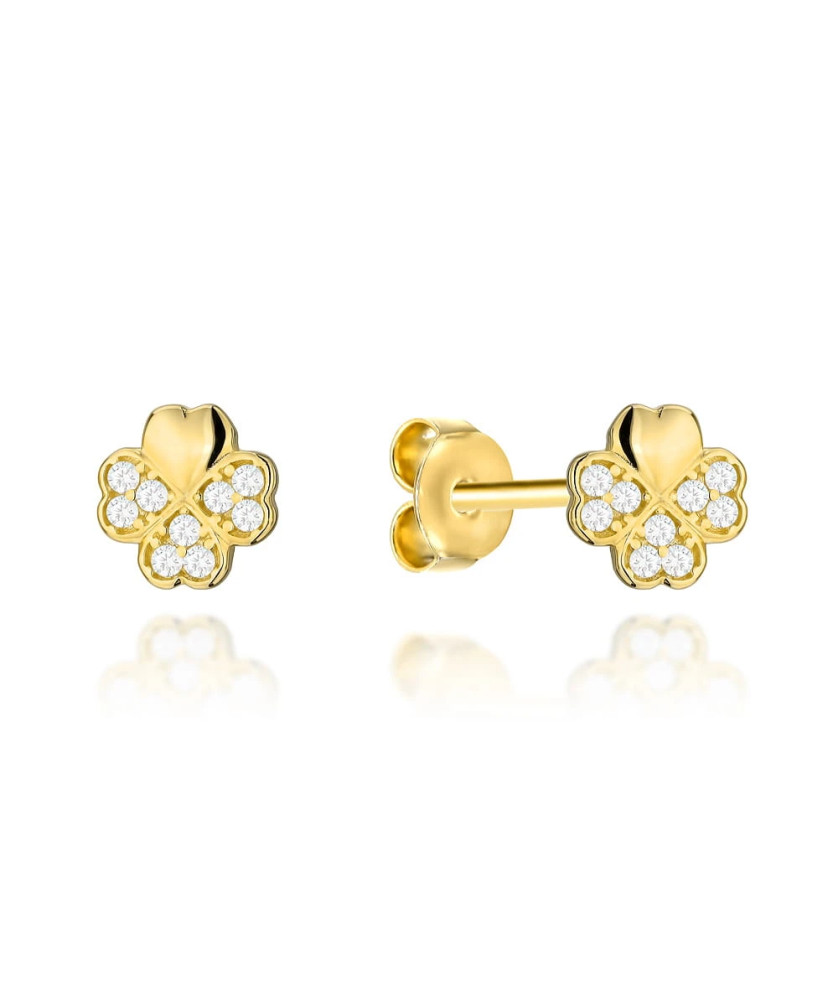 Gold clover earrings with zirconia on a post