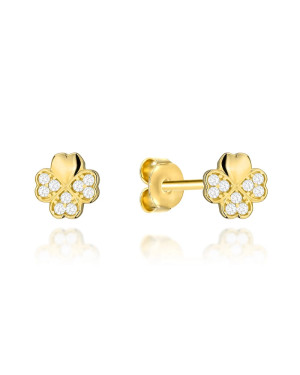 Gold clover earrings with zirconia on a post