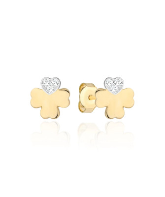 Gold clover earrings with zirconia in two colors of gold