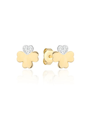 Gold clover earrings with zirconia in two colors of gold