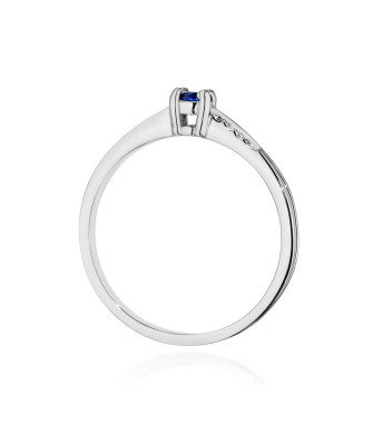 Złoty Pierścionek 14k Białe Złoto Z Szafirem Diamenty 0,15ct Certyfikat