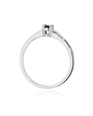 Złoty Pierścionek 14k Białe Złoto Z Szafirem Diamenty 0,15ct Certyfikat
