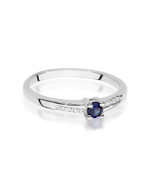 Złoty Pierścionek 14k Białe Złoto Z Szafirem Diamenty 0,15ct Certyfikat