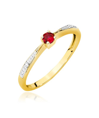 Złoty Pierścionek 14k Z Rubinem Diamenty 0,15ct Certyfikat