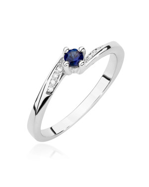 Złoty Pierścionek 14k Białe Złoto Szafir Diamenty 0,15ct