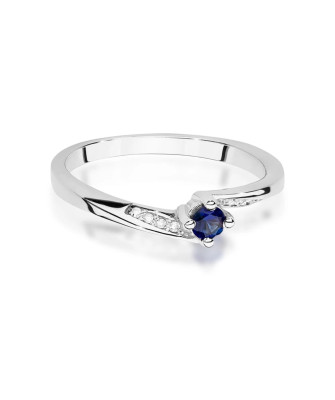Złoty Pierścionek 14k Białe Złoto Szafir Diamenty 0,15ct