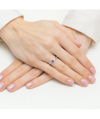 Złoty Pierścionek 14k Białe Złoto Szafir Diamenty 0,15ct