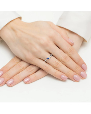 Złoty Pierścionek 14k Białe Złoto Szafir Diamenty 0,15ct