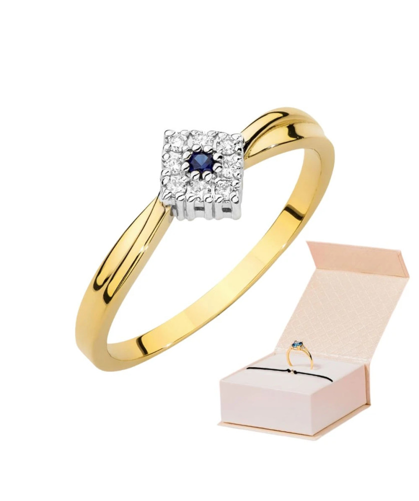 Złoty Pierścionek 14k Z Szafirem Diamenty 0,03ct certyfikat