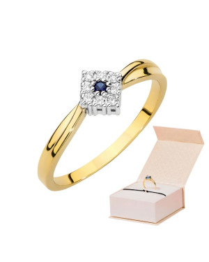 Złoty Pierścionek 14k Z Szafirem Diamenty 0,03ct certyfikat
