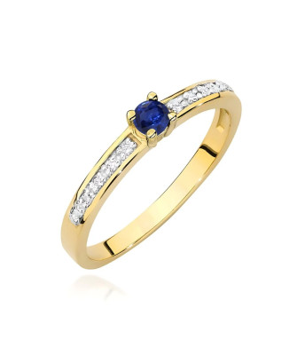 Złoty Pierścionek 14k Z Szafirem Diamenty 0,15ct